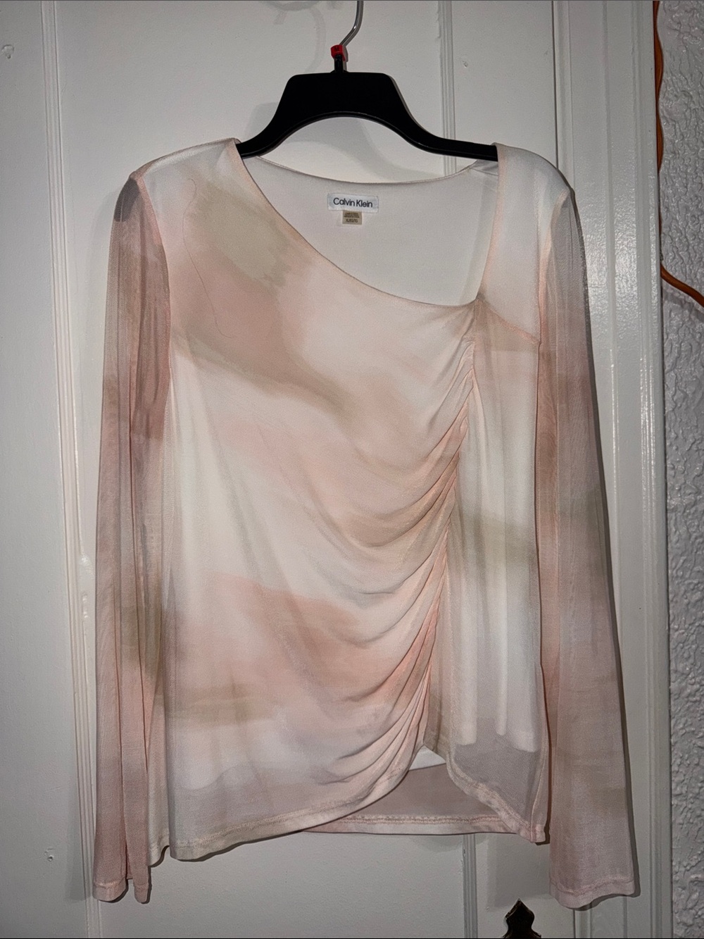 Calvin Klein Sheer Watercolor Ruched Long-Sleeve Top - Blush & Cream
